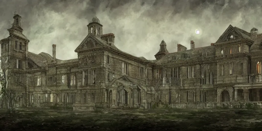 Image similar to Lunatic Asylum, exterior, majestic, detailed, epic scenery, dark fantasy, concept art