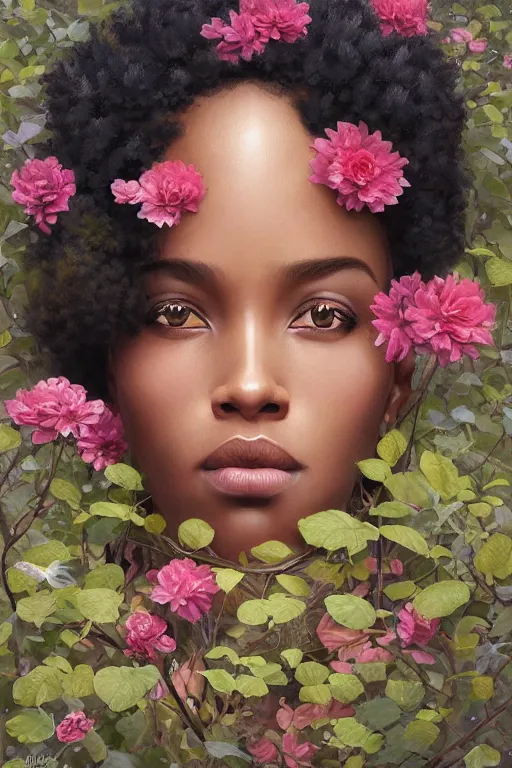 Image similar to ultra realistic illustration, black american girl with flowers blossoming from her afro, body covered in leaves, beautiful, elegant, highly detailed, digital painting, concept art, smooth, sharp focus, illustration, art by artgerm and greg rutkowski and alphonse mucha