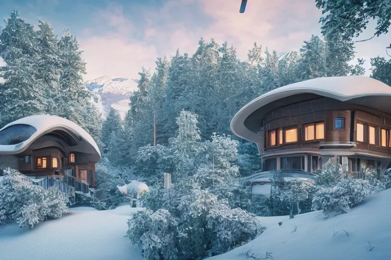 Prompt: futuristic cottage settlement with in the forest with Elbrus mountain covered by snow on the background, architecture, 3d render 8k , high details