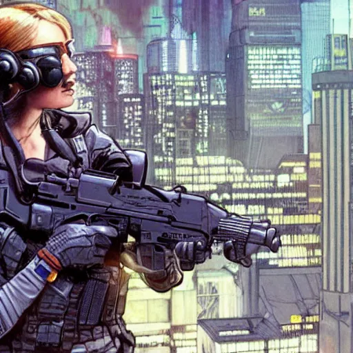 Prompt: Selina. USN special forces futuristic recon operator, cyberpunk headset, on patrol in the Australian autonomous zone, deserted city skyline. 2087. Concept art by James Gurney and Alphonso Mucha