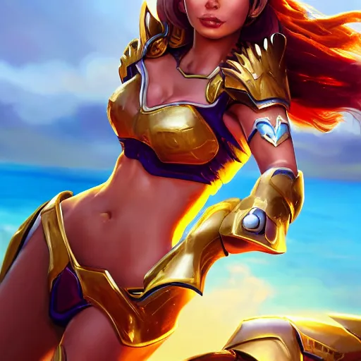 Image similar to leona from league of legends wearing gold and scarlet armor drinking a soft drink out of a blue can on a hot summer day at the beach. she is wearing wearing gold and scarlet armor. digital illustration, trending on artstation, highly detailed, excellent beautiful lighting,