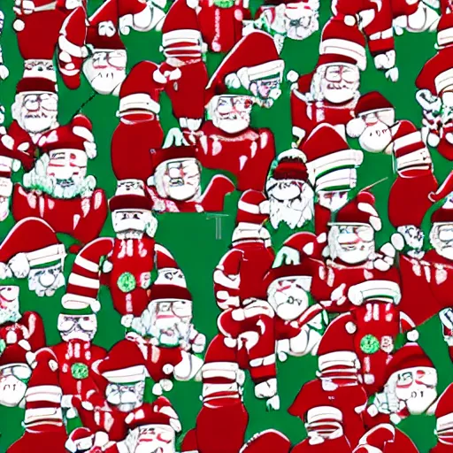 Prompt: highly - detailed, distant shot, notebook, colored, 4 k - resolution, seasonal, waldo hiding, in a crowd wearing christmas outfits.