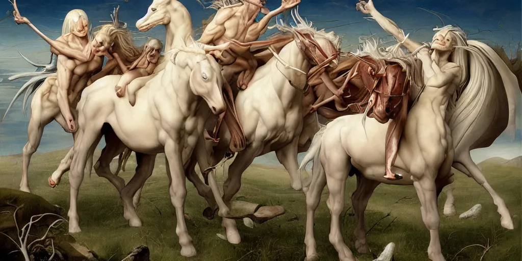 Image similar to albino centaurs wars, hyper realistic,, glossy by gerald brom and hieronymus bosch