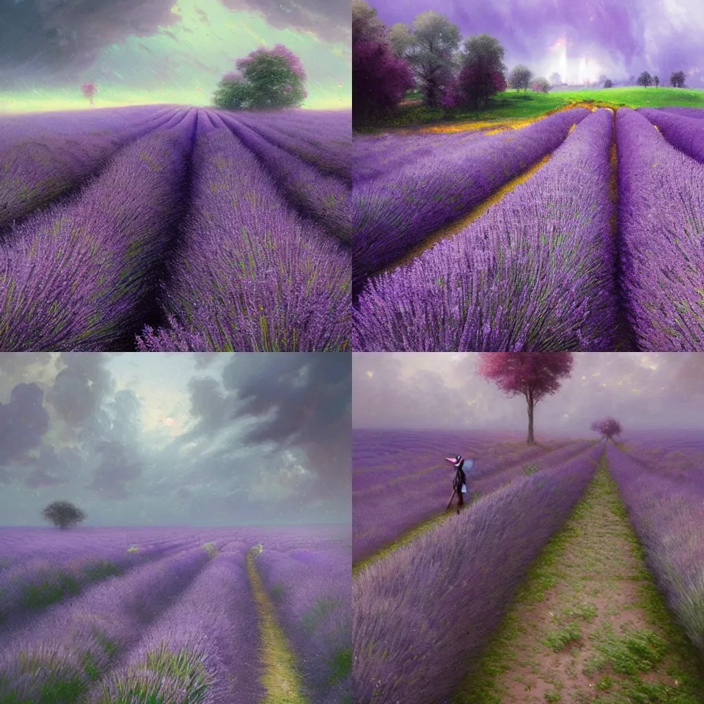 Prompt: a wondrous scene of a lavender field being ravaged by a violent rainstorm by greg rutkowski and thomas kinkade, Trending on artstation.