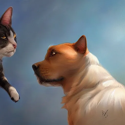 Image similar to A dog and cat stare intently towards the sky, digital art, artstation, Mandy Jurgens, CGSociety, WLOP