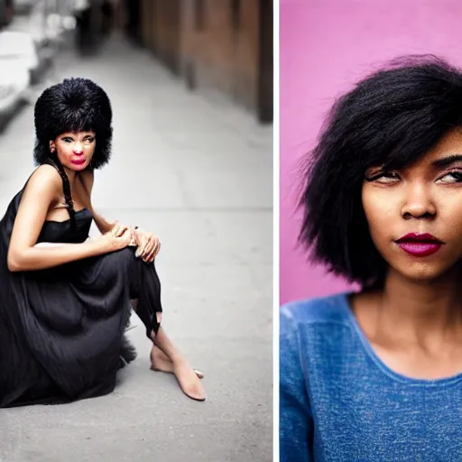 Prompt: color portrait Mid-shot of an beautiful 30-year-old woman black hair, street portrait in the style of Martin Schoeller award winning