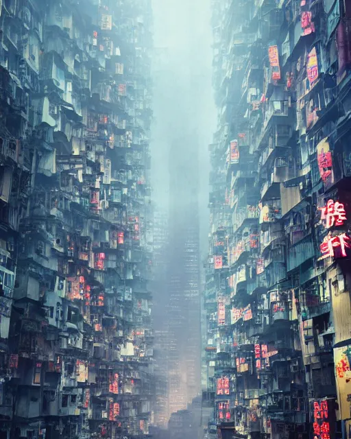 Image similar to poor buildings, hong kong buildings, kowloon, slums, night, cyberpunk, chinese new year decoration, chinese new year parade, ghost in the shell, fog, rain, dramatic lighting, depressing, dystopia, trending on Artstation, 8k, highly realistic, hyper detailed, unreal engine 5, IMAX quality, realistic, cinematic, epic lighting, realistic, Matte Painting, masterpiece,