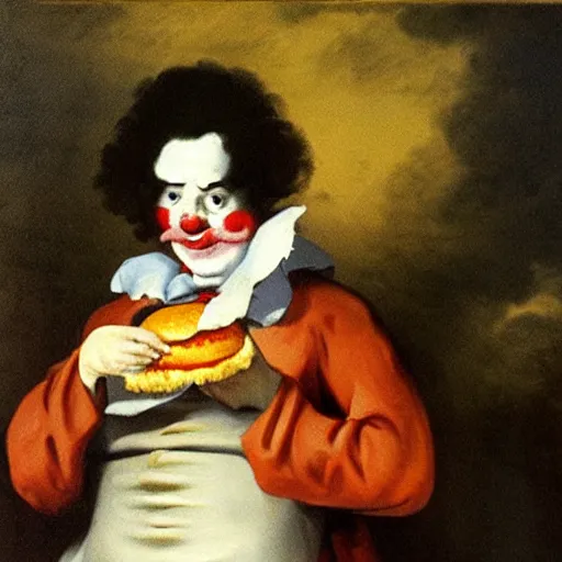 Prompt: ronald mcdonald eating a hamburger, painting by francisco goya