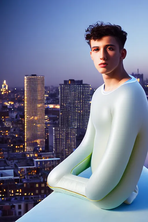 Prompt: un ultra high definition studio quality photographic art portrait of a young man standing on the rooftop of a british apartment building wearing soft baggy inflatable padded iridescent pearlescent suit. three point light. extremely detailed. golden ratio, ray tracing, volumetric light, shallow depth of field. set dressed.