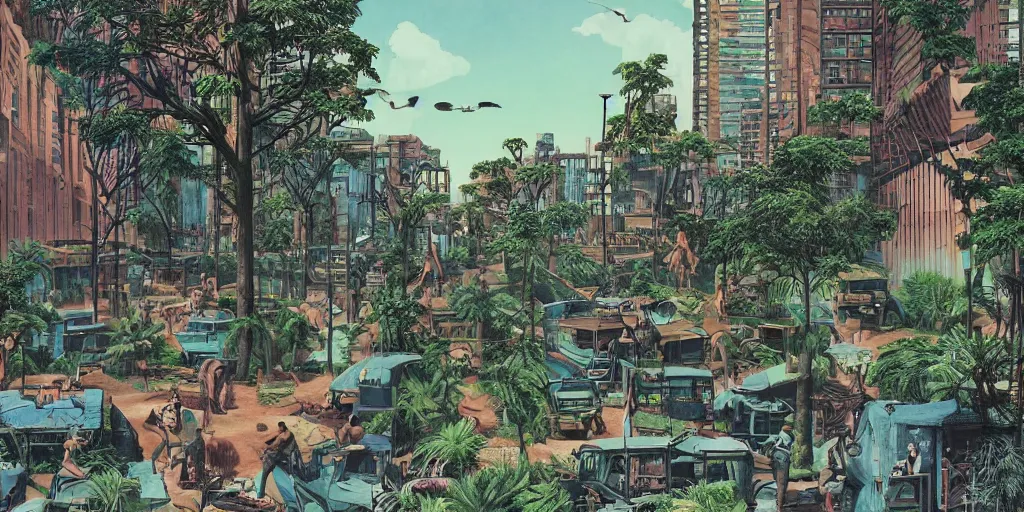 Image similar to full page comic book drawings of desolate city scenes urban jungle zoo on a hot summer evening, tropical color palette, by carel willink and gregory crewdson, moebious, jean giraud, comic book panels, octane render