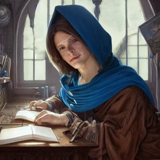 Prompt: a female wizard with brown hair wearing a blue hood and blue robe typing on a computer at a wooden desk with bookcases behind her, fantasy, highly detailed, digital painting, artstation, concept art, character art, art by greg rutkowski and tyler jacobson and alphonse mucha