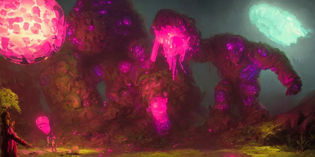 Image similar to giant golem made of crystal, bright pink purple lights, underwater, d & d, art by greg rutkowski