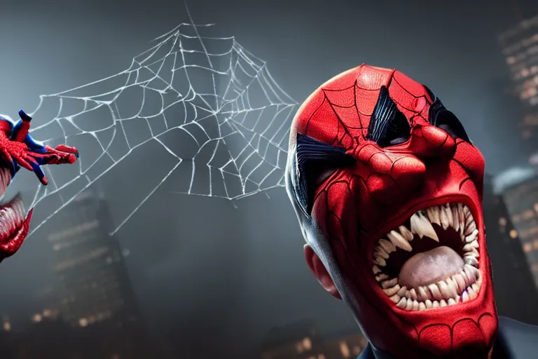 Image similar to Joker imitates Spider-Man and laughs, scary scene, top horrible creatures, horrible, horrors filmed on camera, fangs and drool, jaw and tongue, man is terrified, 8k, black and red, octane render, hyper-realistic, artstation trends, ray tracing, night, flashlight