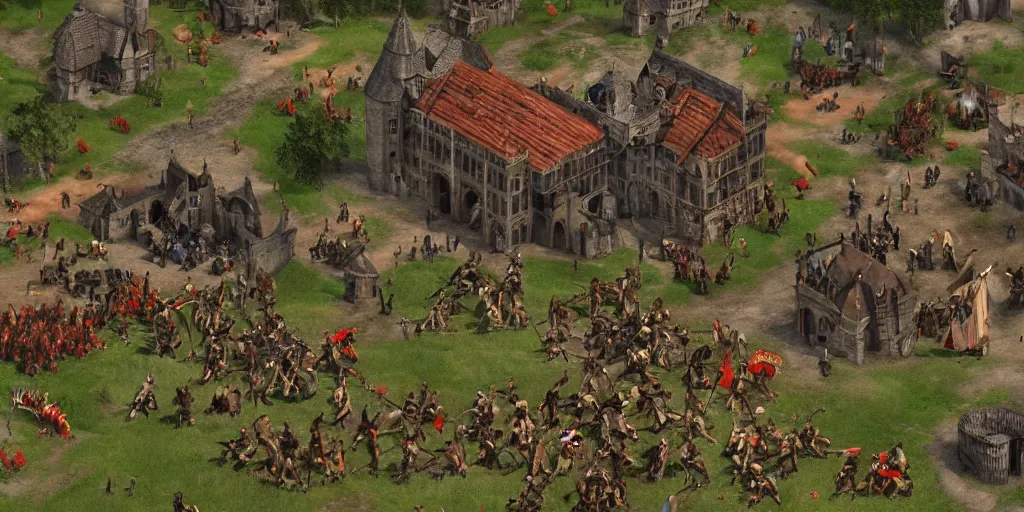 Image similar to RTS gameplay third person in style of Brueghel, painting, Age of Empires 2 gameplay, Stronghold 1, dark colors, contrast colors, high detailed, fantasy, medieval, buildings, castle, armored units, RPG, high contrast, octane render