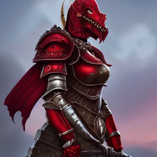 Image similar to A noble female red dragonborn paladin with a halberd heroically posing in front of a castle, fantasy, medieval, cinematic, plate armor, serious expression, 8k, trending on artstation, Bayard Wu, Rudy Siswanto, Sam Santala, In the style of Clint Cearley