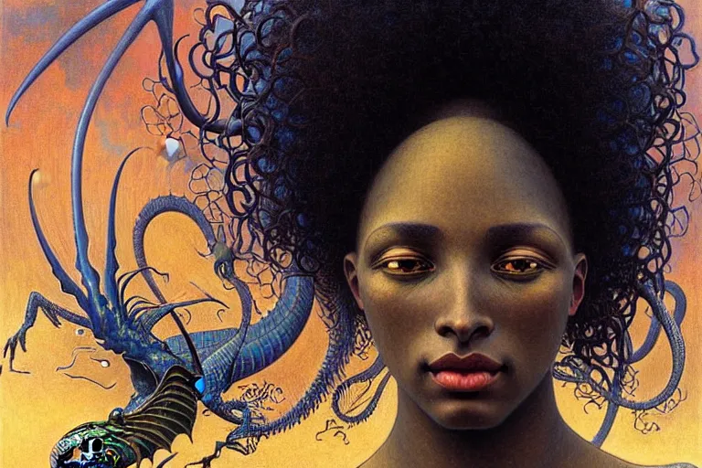 Image similar to realistic extremely detailed closeup portrait painting of a beautiful black woman, mutant dragon and a single old house on background by Jean Delville, Amano, Yves Tanguy, Alphonse Mucha, Ernst Haeckel, Edward Robert Hughes, Roger Dean, rich moody colours