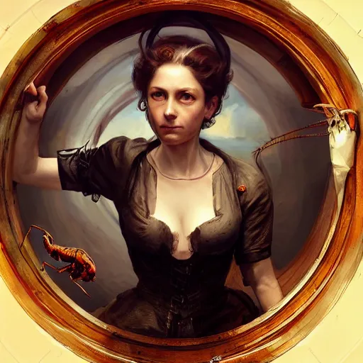 Image similar to a nineteenth - century woman with an uncovered breast holding a scorpion in his hand, inside a spaceship with the earth rom the porthole, highly detailed, concept art, art by wlop and artgerm and greg rutkowski, masterpiece, trending on artstation, 8 k