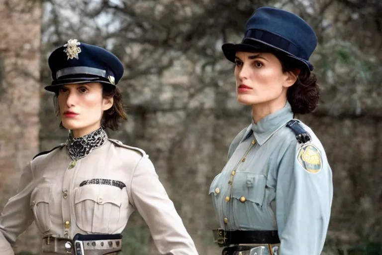 Image similar to wide-shot of kiera knightly/winona ryder as a constable in a movie directed by Wes Anderson, symmetrical shot, idiosyncratic, relentlessly detailed, pastel colour palette, detailed perfect face, movie still frame, promotional image, imax 70mm footage