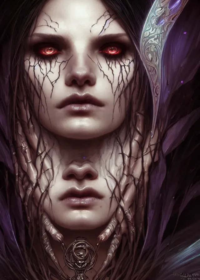 Image similar to Necromancer Sorceress face close-up macro in center, fantasy magic, undercut hairstyle, dark light night, intricate, elegant, sharp focus, illustration, highly detailed, digital painting, concept art, matte, art by WLOP and Artgerm and Greg Rutkowski and Alphonse Mucha, masterpiece