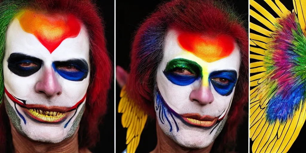 Image similar to ney matogrosso with multicolored paint on face, leather, lace, gold wings on head, skeleton body painting by gottfried helnwein