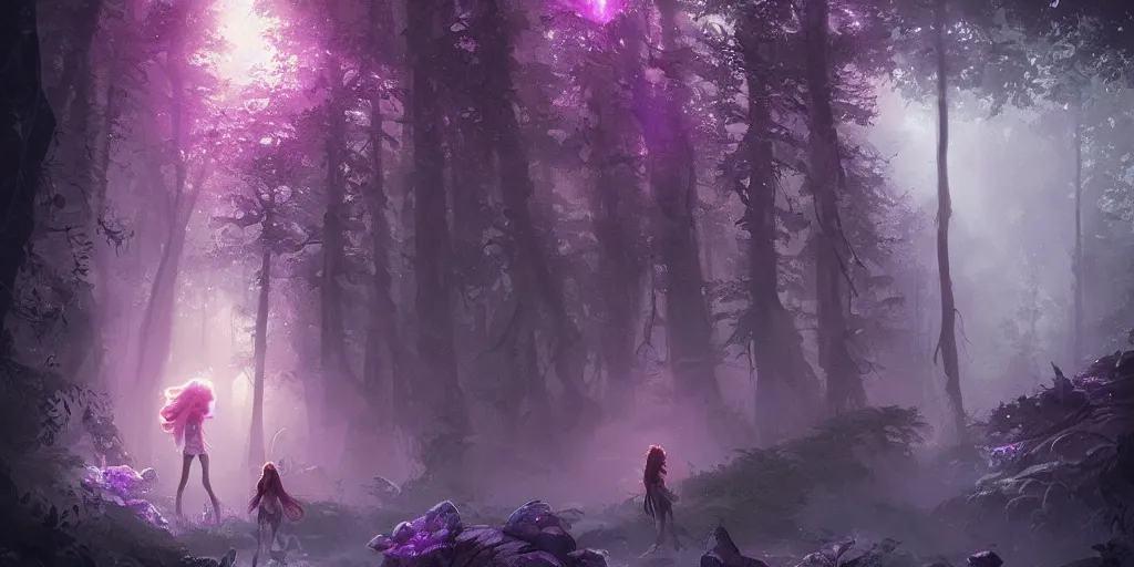 Image similar to a young girl lost in an endless the woods encounters a gigantic glowing purple crystal containing the spirit of the forest at night. Jordan Grimmer. Geoffroy Thoorens.