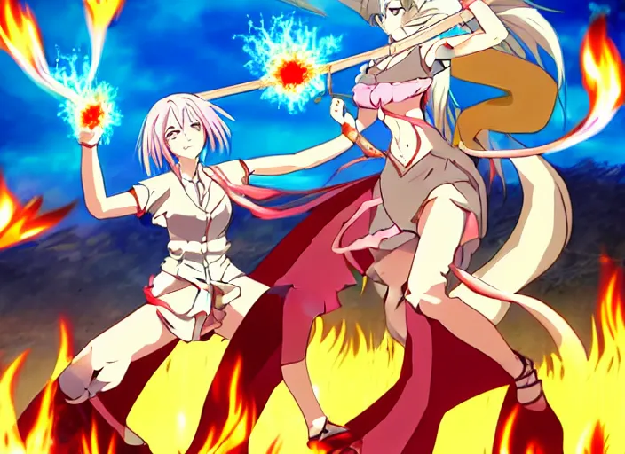 Image similar to in the style of Madhouse studio anime, girl shooting fireballs at a dragon, battle pose