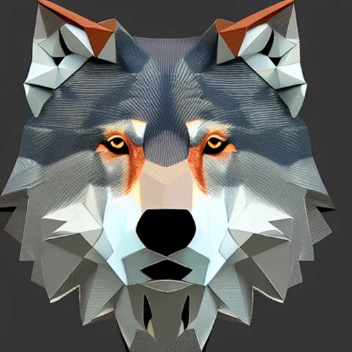 Low poly Art Deco metal sculpture of a wolf head, flat