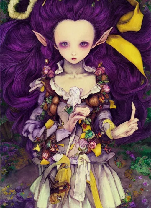 Prompt: little elf girl, santa claus suit, soft hair. light color palate, purple, yellow and white. detailed soft painting, ayami kojima, made in abyss, anatomically correct, inspired in balthus, high detailed face anime, vogue magazine, glorious composition, mobile wallpaper