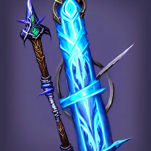 Image similar to bright weapon of warcraft blizzard wizard staff art, a spiral magical wizard staff. bright art masterpiece artstation. 8k, sharp high quality illustration in style of Jose Daniel Cabrera Pena and Leonid Kozienko, blue colored theme, concept art by Tooth Wu,