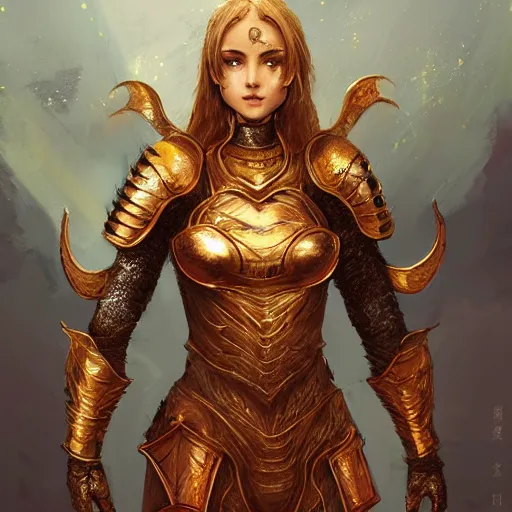 Prompt: portrait knights of Zodiac girl, golden and copper armor, in ruined ancinet Agora of Athens, ssci-fi, fantasy, intricate, very very beautiful, elegant, highly detailed, digital painting, artstation, concept art, smooth, sharp focus, illustration, art by WLOP and tian zi and artgerm