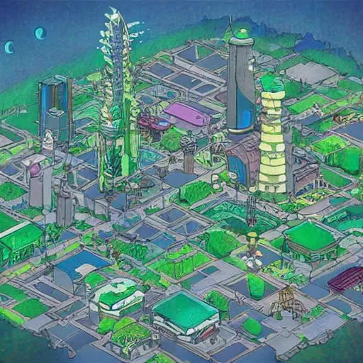 Image similar to a solarpunk city in the style of studio ghibli