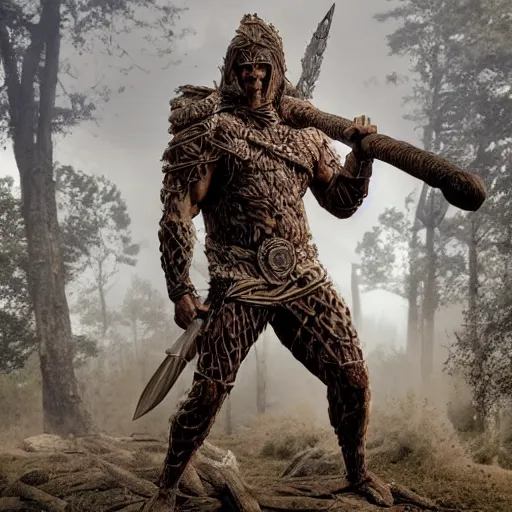 Image similar to muscular warrior with surface of tree - bark, wearing intricate stone wood vines armor, holding halberd with laser blade, battlefield, highly detailed, dramatic lighting, cinematic, sci - fi, hyperrealistic, detailed