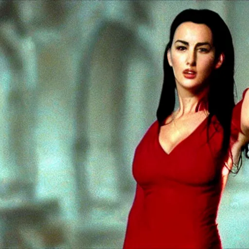 Prompt: realistic portrait of young Monica Bellucci wearing a red dress in the movie The Matrix,