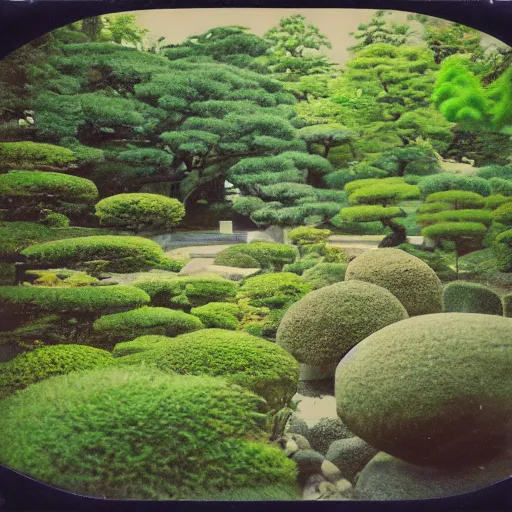 Prompt: polaroid photo of an japanese garden taken at night with flash, grainy