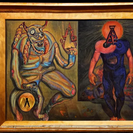 Image similar to portre of an autistic demon on acid, masonic and kabalistic symbols in background, oil painting