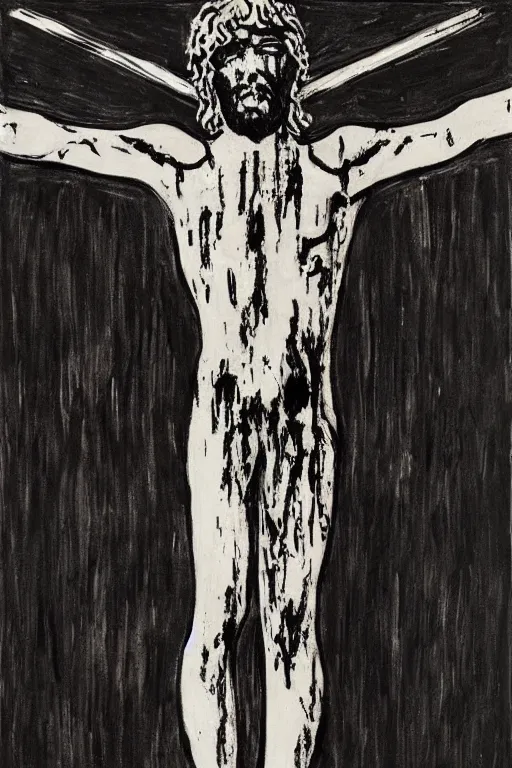 Prompt: bloody christ crucified looking like a big mushroom painted in black and white by cy twombly and andy warhol