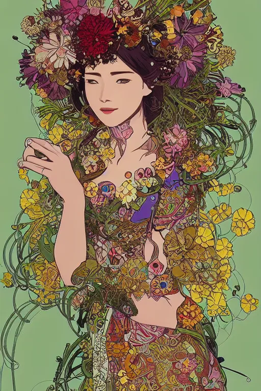 Image similar to beautiful floralpunk cyborg portrait girl female illustration detailed patterns art of bali traditional dress, flower pop art, floral splash painting, art by geof darrow, ashley wood, alphonse mucha, makoto shinkai