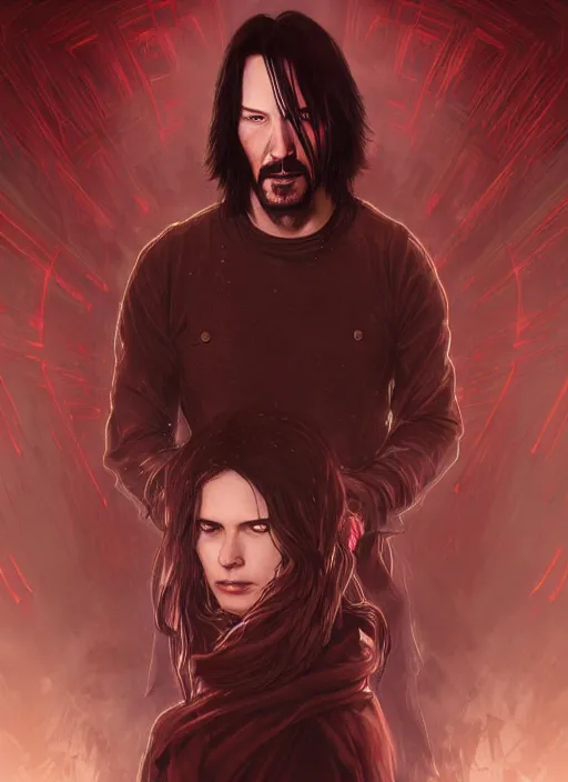 Prompt: Keanu Reeves, red glowing eyes, silver long hair, male, fantasy, extremely detailed, digital painting, artstation, concept art, smooth, sharp focus, illustration, stunning lighting, art by artgerm and greg rutkowski and alphonse mucha and simon stalenhag, realistic character concept, high fantasy, dark atmosphere, golden ratio, cinematic lighting, hyperdetailed, high resolution, insanely detailed and intricate, artstation, Marc Simonetti, Greg Rutkowski, 8k