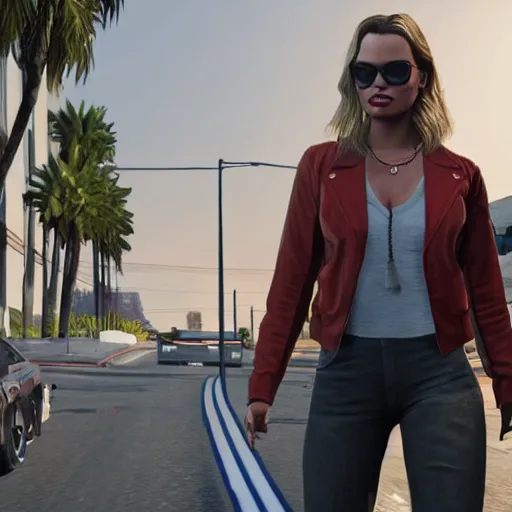 Image similar to margot robbie as a character in gta v, amazing detail