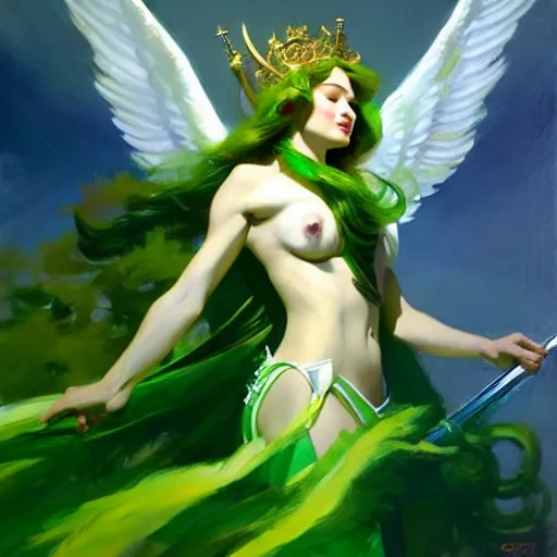 Image similar to greg manchess painting of goddess of hunt wearing shiny mythical green clothes, green and white long hair, long wings, large angelic sword, soft lighting, trending on artstation, by huang guangjian and gil elvgren and sachin teng