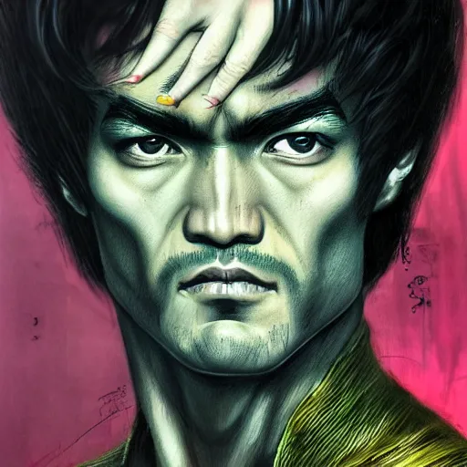 Image similar to a demon slayer portrait of bruce lee, tall, pale - skinned, and slender with lime green eyes and long eyelashes by stanley artgerm, tom bagshaw, arthur adams, carne griffiths, trending on deviant art, street art, face enhance, chillwave, maximalist, full of color, glittering