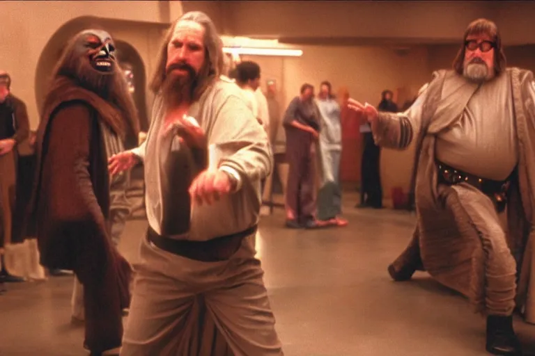 Image similar to A side shot of The Dude from The Big Lebowski bowling in the Mos Eisley Cantina from Star Wars