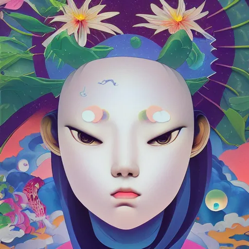 Image similar to Chiho Aoshima, minimalistic, hyperrealistic surrealism, award winning masterpiece with incredible details, epic stunning, infinity pool, a surreal vaporwave liminal space, highly detailed, trending on ArtStation, artgerm and greg rutkowski and alphonse mucha, daily deviation, IAMAG, broken giant marble head statue ruins, nightscape, milkyway