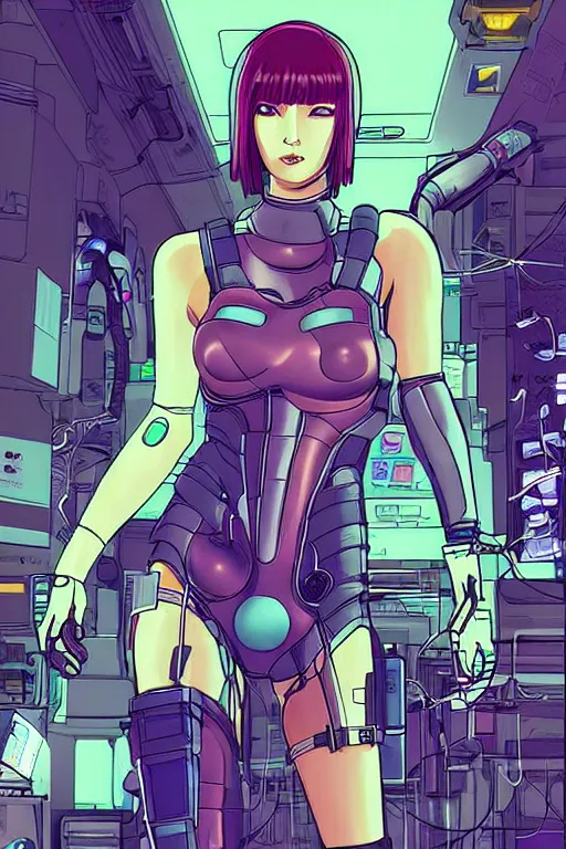 Image similar to cyberpunk illustration of female android motoko kusanagi seen from the side, seated in the lab, with wires and cables coming out of her head and back, by moebius, masamune shirow and katsuhiro otomo, colorful, detailed