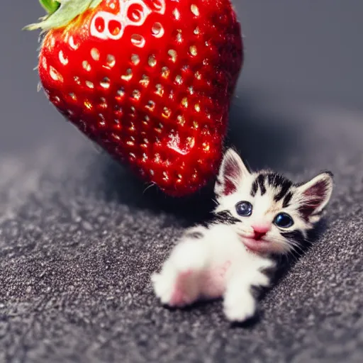 Image similar to macro shot photograph of an extremely tiny baby kitten on top of a strawberry that is bigger than it