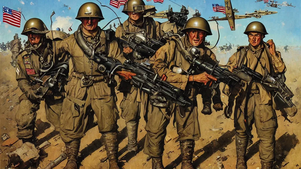 Prompt: American battle mechs of WWII in the style of Norman Rockwell, sci-fi illustrations, propaganda poster, highly detailed, intricate, photorealistic, award-winning, patriotic, american, dark, gritty, oil painting