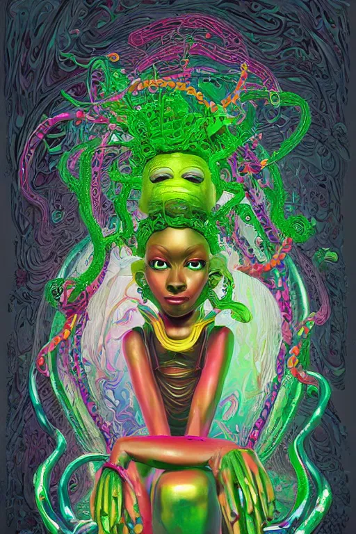 Prompt: epic 3 d osumare, trans african deity, liquid hands and feet spinning, 2 0 mm, with green and pink vines melting smoothly into asymmetrical snakes and rainbows, liquid, delicate, intricate, houdini sidefx, trending on artstation, by jeremy mann and ilya kuvshinov, jamie hewlett and ayami kojima