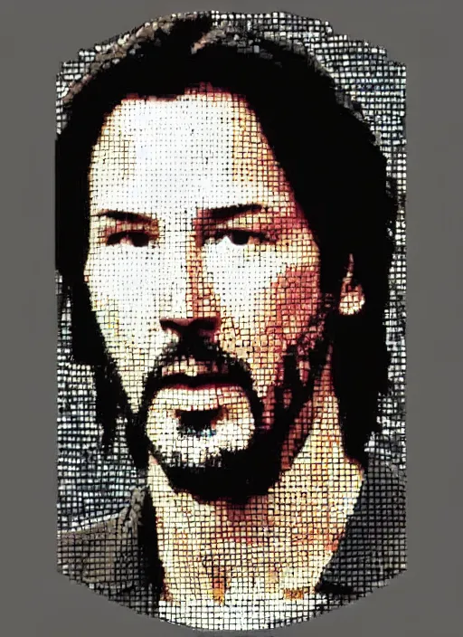 Prompt: a mosaic of keanu reeves made of quinoa seeds