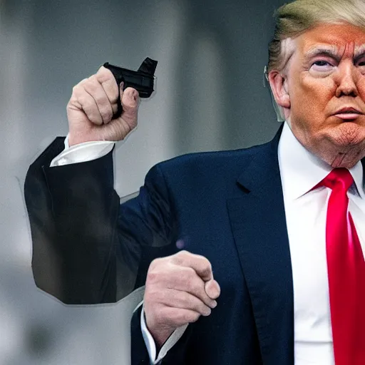 Prompt: trump holding a gun pointing at his reflection, symmetrical,