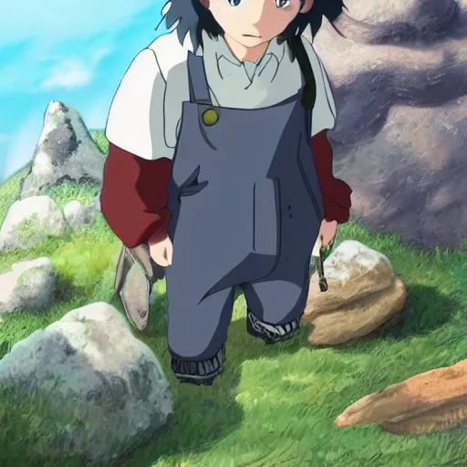 Prompt: friendly guy with Fragile looking character portrait face and small creature , made by Studio Ghibli highly detailed art, beautiful scene, sharp focus, smooth, 8k, anime art